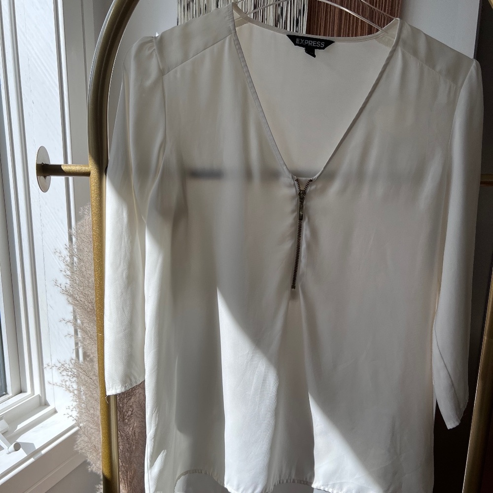 Express White Long 3/4 sleeve Zipper Silk Blouse